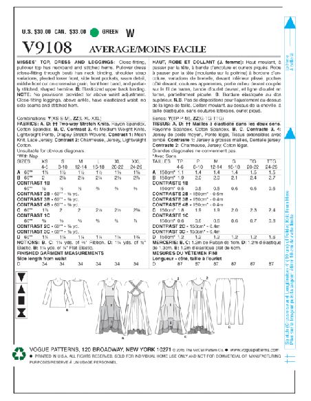 Patron Vogue 9108 Y - Top femme à manches longues, robe avec poches et legging
