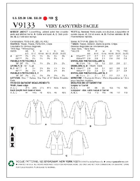 Patron Vogue 9133 Y - Manteau-veste femme coupe Boxy à un bouton