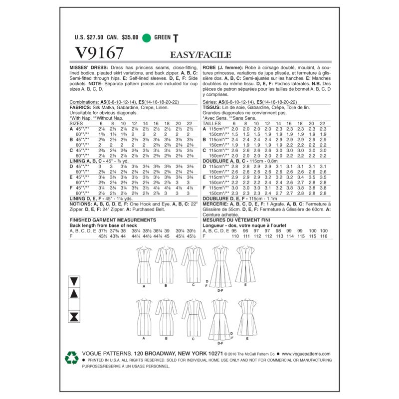 Patron Vogue 9167 A5 - Robes à coutures princesse, style fuseau ou patineuse