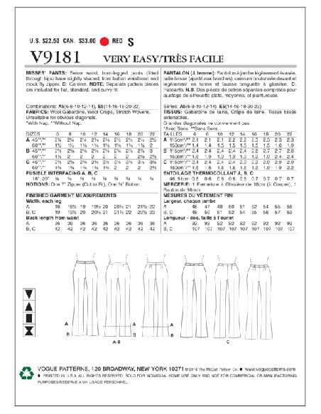 Patron Vogue 9181 A5 - Pantalon pour femme coupe Bootcut