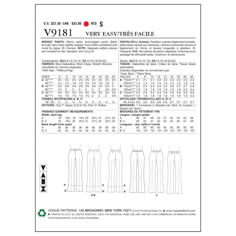 Patron Vogue 9181 E5 - Pantalon pour femme coupe Bootcut