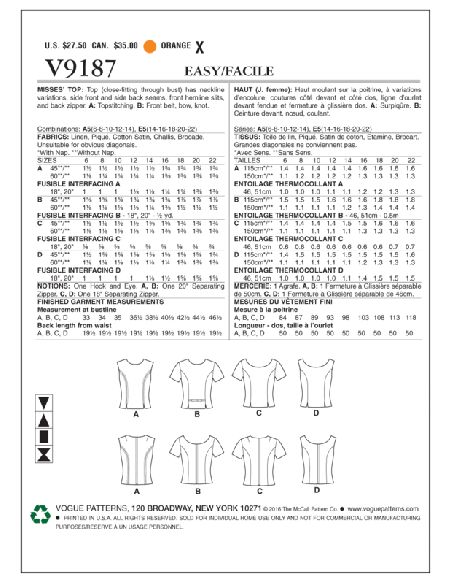 Patron Vogue 9187 E5 - Tops femme style années 60