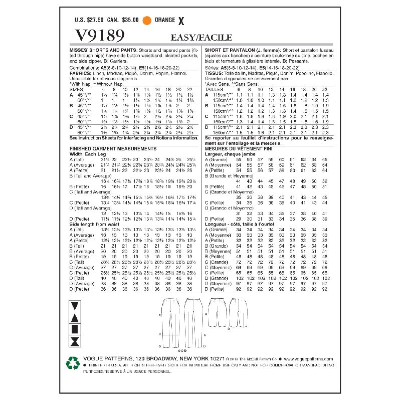 Patron Vogue 9189 A5 - Pantalon, pantacourt et short femme style années 60