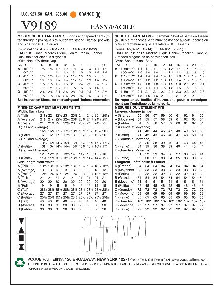 Patron Vogue 9189 E5 - Pantalon, pantacourt et short femme style années 60