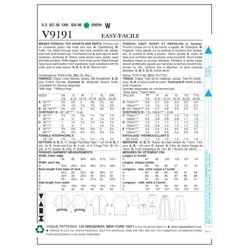 Patron Vogue 9191 Y - Ensemble femme : Ponchos, top, pantalon et short