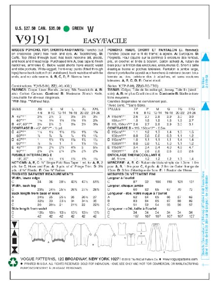 Patron Vogue 9191 ZZ - Ensemble femme : Ponchos, top, pantalon et short