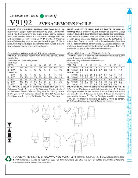 Patron Vogue 9192 E5 - Maillots de bain femme - Bikini, Monokini, Une pièce, Tankini et robe de plage
