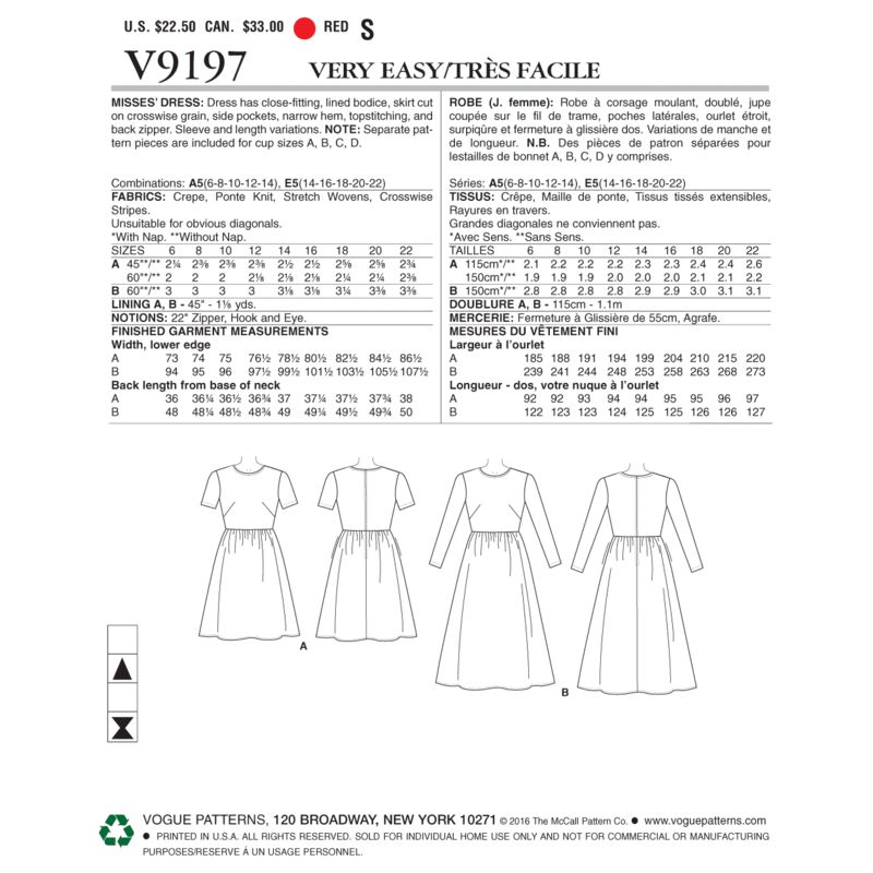 Patron Vogue 9197 A5 - Robes femme à col rond avec jupe plissée