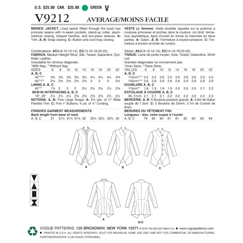 Patron Vogue 9212 A5 - Manteaux femme avec col cygne et coutures princesse