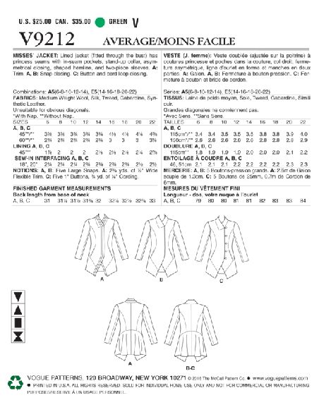Patron Vogue 9212 A5 - Manteaux femme avec col cygne et coutures princesse
