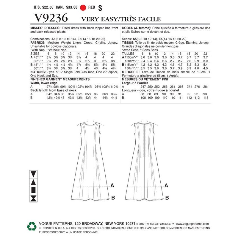 Patron Vogue 9236 A5 - Robe femme avec plis lâchés, disponible en deux longueurs