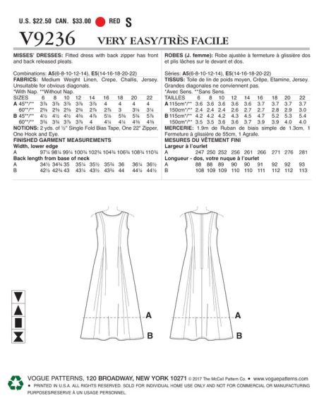 Patron Vogue 9236 E5 - Robe femme avec plis lâchés, disponible en deux longueurs