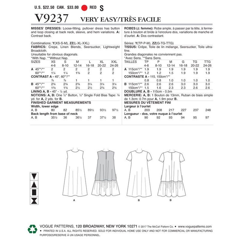 Patron Vogue 9237 Y - Robe trapèze femme, disponible avec ou sans mancherons
