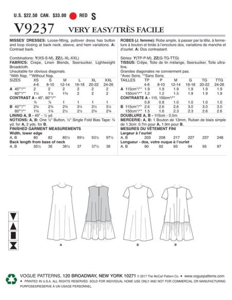 Patron Vogue 9237 Y - Robe trapèze femme, disponible avec ou sans mancherons