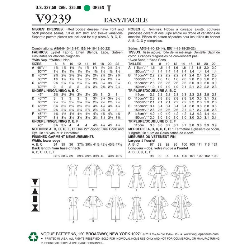 Patron Vogue 9239 E5 - Robes femme, style fourreau ou évasé