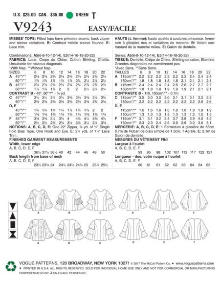 Patron Vogue 9243 A5 - Tops/Tee-Shirts femme à manches longues et volantées