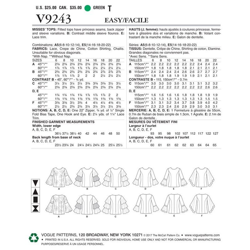 Patron Vogue 9243 E5 - Tops/Tee-Shirts femme à manches longues et volantées