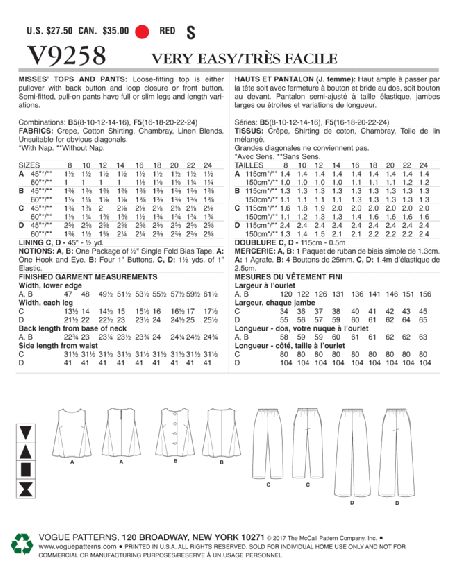 Patron Vogue 9258 B5 - Ensemble femme : Top, blouse et pantalon