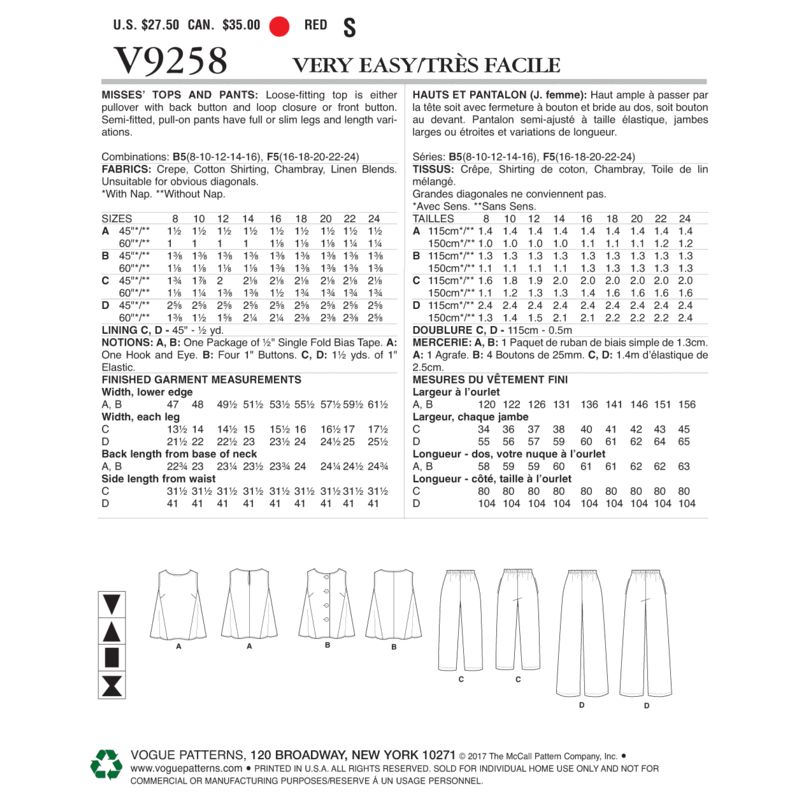 Patron Vogue 9258 F5 - Ensemble femme : Top, blouse et pantalon