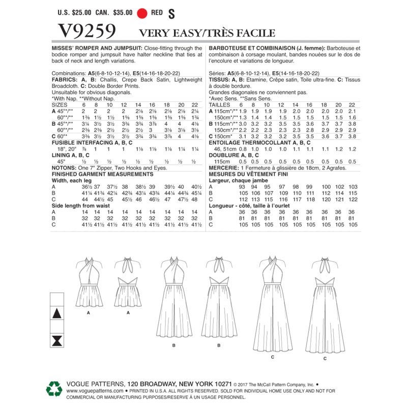 Patron Vogue 9259 E5 - Top péplum et combinaison-pantalon dos nu