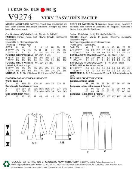 Patron Vogue 9274 A5 - Ensemble costume pour femme : Veste asymétrique et pantalon