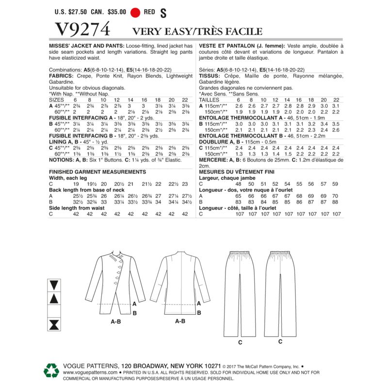 Patron Vogue 9274 E5 - Ensemble costume pour femme : Veste asymétrique et pantalon