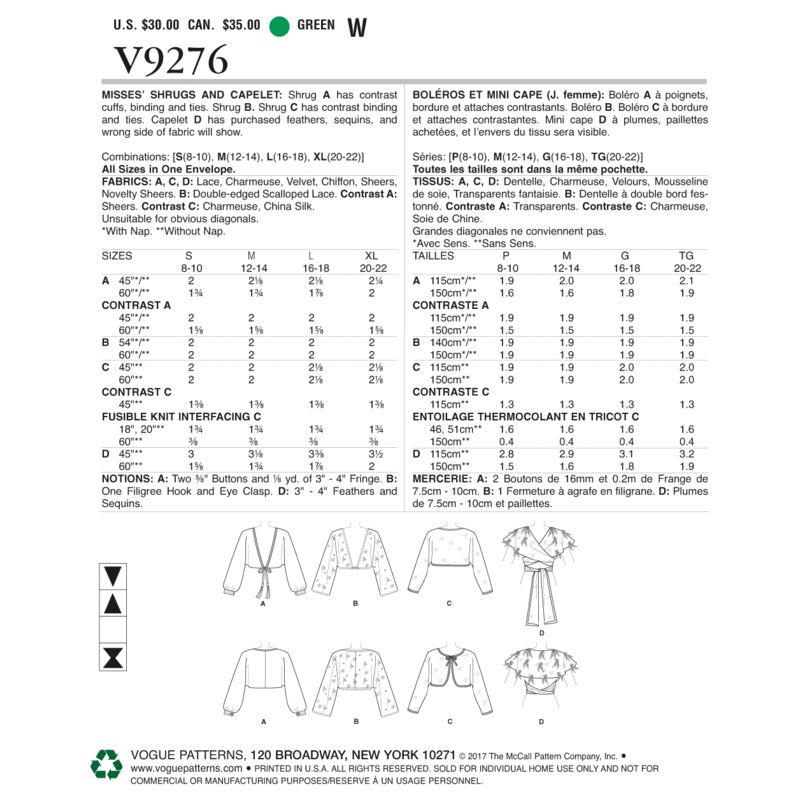 Patron Vogue 9276 OSZ - Boléros, capes et châles pour femme