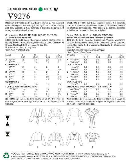 Patron Vogue 9276 OSZ - Boléros, capes et châles pour femme