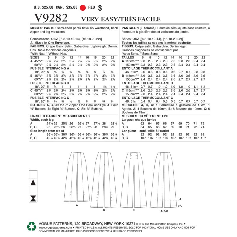 Patron Vogue 9282 OSZ - Pantalons femme évasés, style Palazzo, avec détails boutons