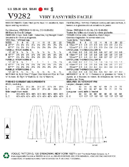 Patron Vogue 9282 OSZ - Pantalons femme évasés, style Palazzo, avec détails boutons