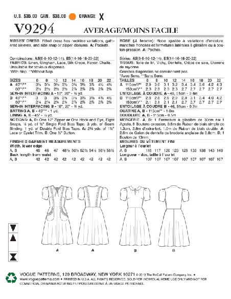 Patron Vogue 9294 A5 - Robe femme style années 1930