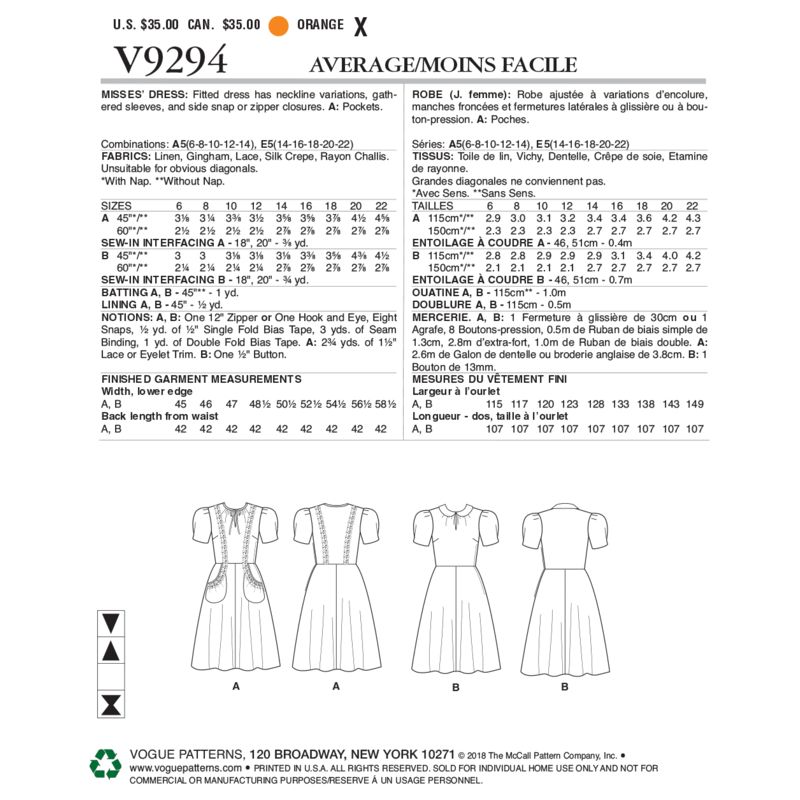 Patron Vogue 9294 E5 - Robe femme style années 1930