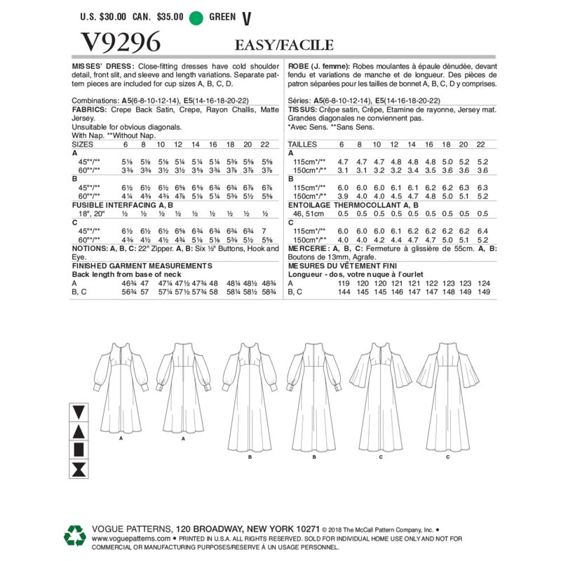 Patron Vogue 9296 A5 - Robes pour femmes à épaules nues et taille haute