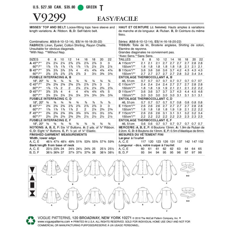 Patron Vogue 9299 E5 - Chemisiers pour femme à manches bouffantes