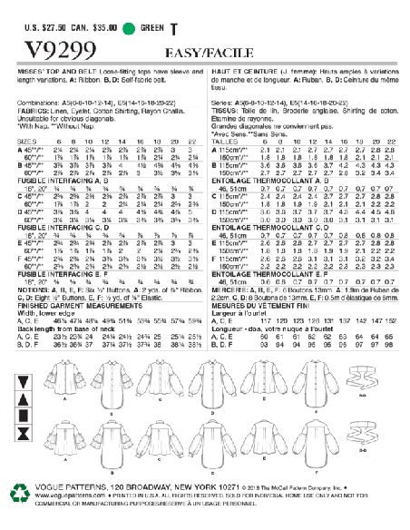 Patron Vogue 9299 E5 - Chemisiers pour femme à manches bouffantes