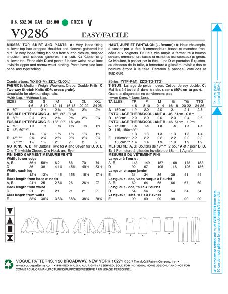 Patron Vogue 9286 ZZ - Ensemble pour femme : Chemisier, top, jupe et pantalon