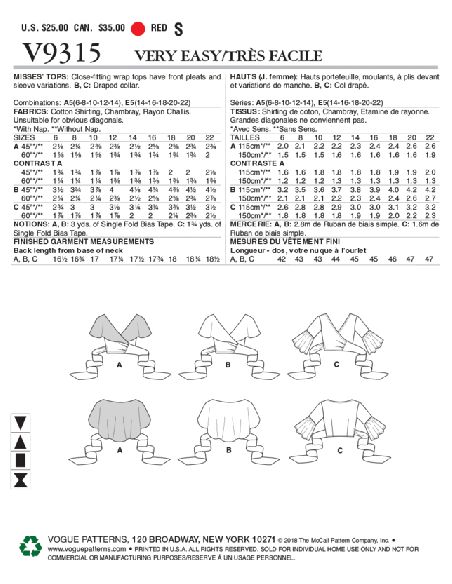 Patron Vogue 9315 A5 - Tops femme style cache-cœur, avec options de manches volantées ou col cape drapé