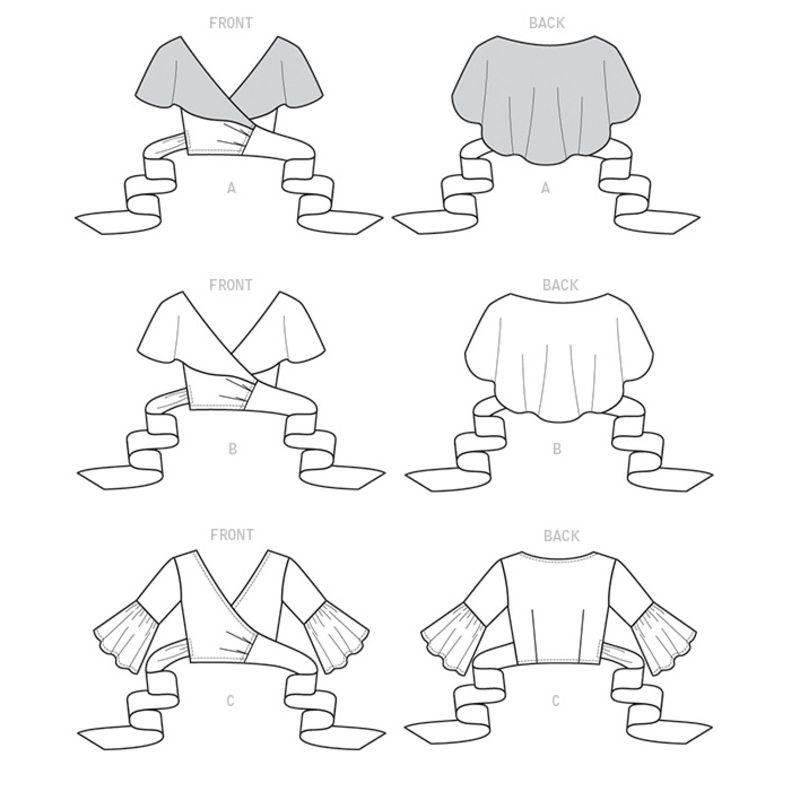 Patron Vogue 9315 A5 - Tops femme style cache-cœur, avec options de manches volantées ou col cape drapé