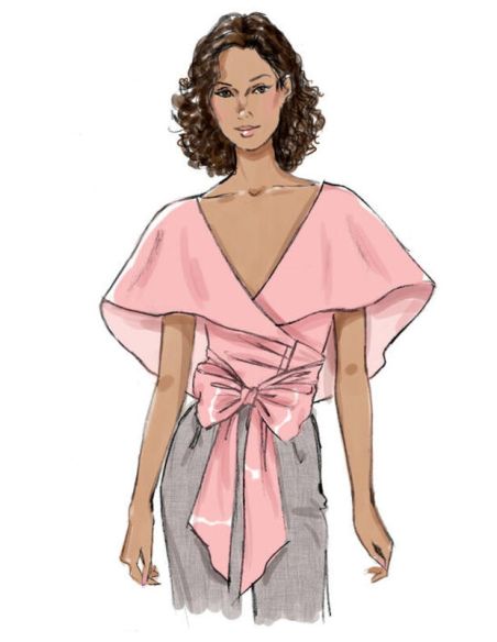 Patron Vogue 9315 A5 - Tops femme style cache-cœur, avec options de manches volantées ou col cape drapé