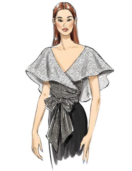 Patron Vogue 9315 A5 - Tops femme style cache-cœur, avec options de manches volantées ou col cape drapé