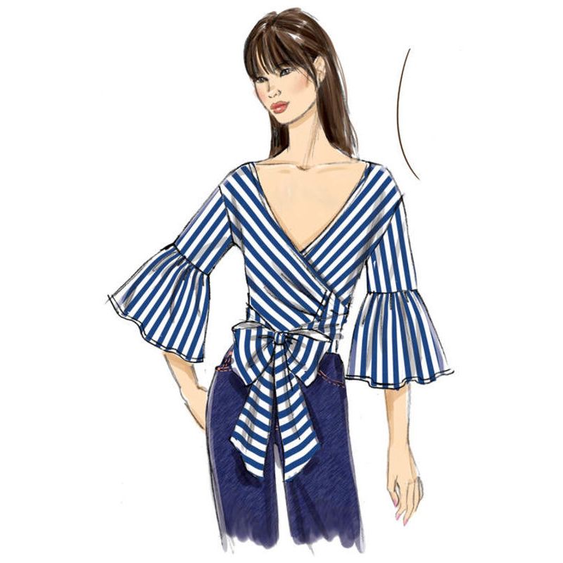 Patron Vogue 9315 A5 - Tops femme style cache-cœur, avec options de manches volantées ou col cape drapé