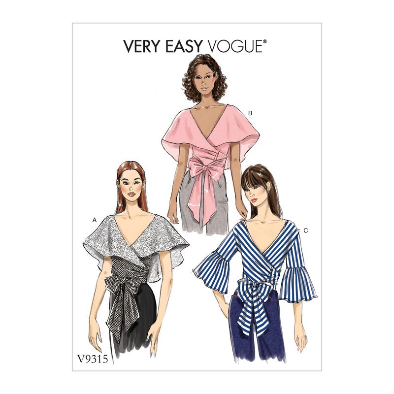 Patron Vogue 9315 A5 - Tops femme style cache-cœur, avec options de manches volantées ou col cape drapé