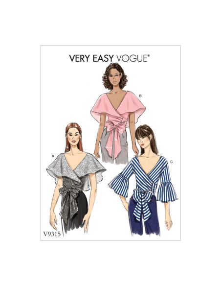 Patron Vogue 9315 A5 - Tops femme style cache-cœur, avec options de manches volantées ou col cape drapé