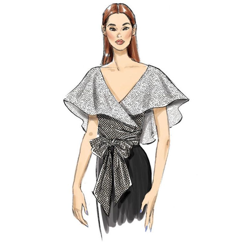 Patron Vogue 9315 E5 - Tops femme style cache-cœur, avec options de manches volantées ou col cape drapé