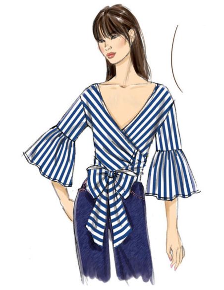 Patron Vogue 9315 E5 - Tops femme style cache-cœur, avec options de manches volantées ou col cape drapé