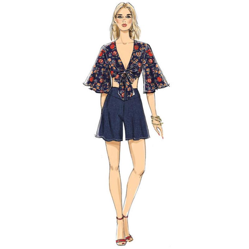 Patron Vogue 9319 A5 - Ensemble pour femme : Top et veste à nœud style boléro, accompagnés d'un short et d'un pantalon