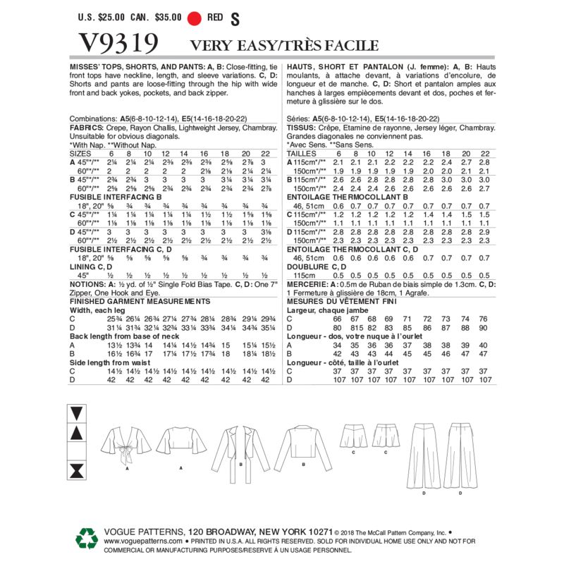 Patron Vogue 9319 E5 - Ensemble pour femme : Top et veste à nœud style boléro, accompagnés d'un short et d'un pantalon