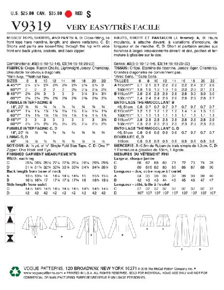 Patron Vogue 9319 E5 - Ensemble pour femme : Top et veste à nœud style boléro, accompagnés d'un short et d'un pantalon