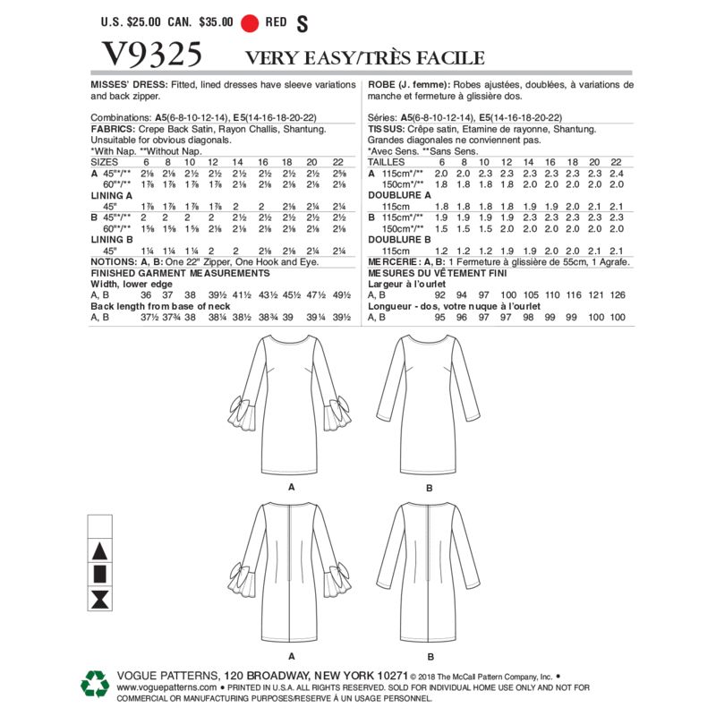 Patron Vogue 9325 A5 - Robe femme style fourreau, disponible avec ou sans poignets volantés
