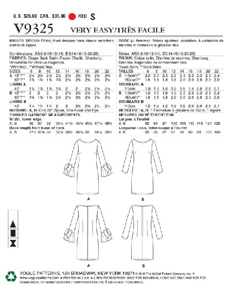 Patron Vogue 9325 A5 - Robe femme style fourreau, disponible avec ou sans poignets volantés